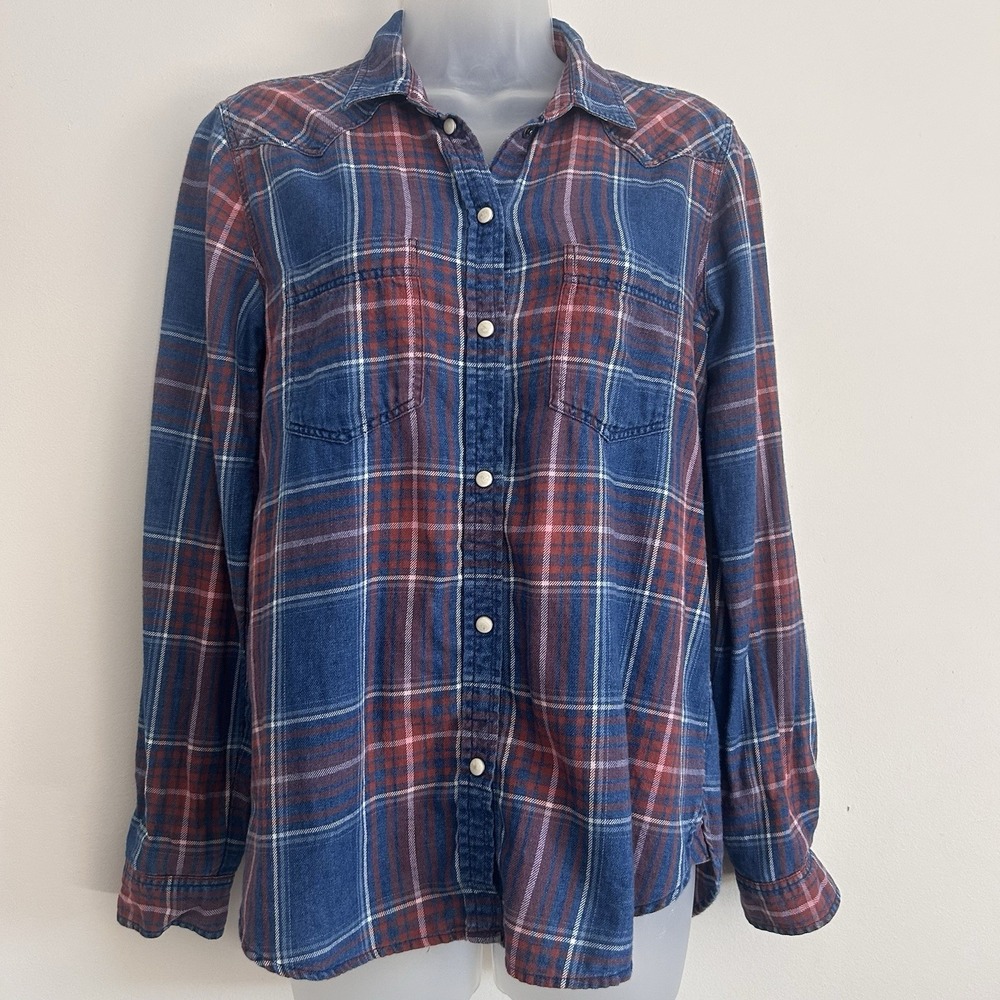 American Eagle Flannel Plaid Shirt Sz S Boyfriend Fit Pearl Snap Western Top